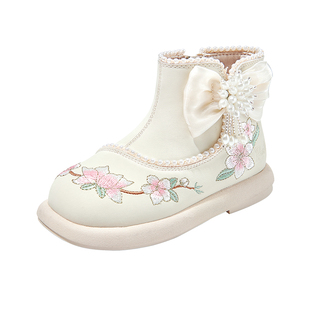 芭比童鞋女童靴子2025新款冬季加绒雪地靴儿童汉服靴国风古风棉鞋