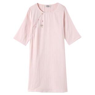 美标新款七分袖纯棉睡裙女春夏新中式中国风双层棉纱全棉质家居服