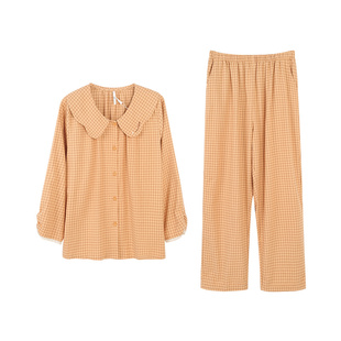 安之伴【巨柔软】睡衣女款春秋季梭织纯棉套装宽松大码格子家居服