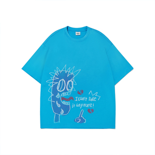 GUUKA湖蓝色短袖男生t恤重磅纯棉新款青少年插画印花落肩上衣宽松