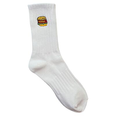 4双男士袜子白纯棉汉堡刺绣中筒