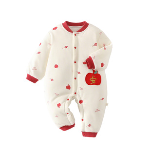 婴儿衣服秋冬夹棉连体衣早秋婴幼儿10个月宝宝喜庆红色保暖哈衣男