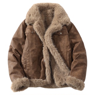 皮毛一体男士冬季大码加绒加厚皮袄短款机车服男装羊羔毛棉衣外套