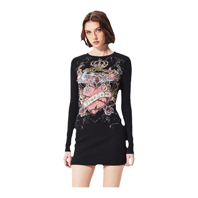 【博主同款】Ed Hardy埃德哈迪闪粉印烫钻美式复古修身连衣裙