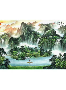 旭日东升山水画客厅挂画聚宝盆流水生财靠山图办公室横幅画装饰画