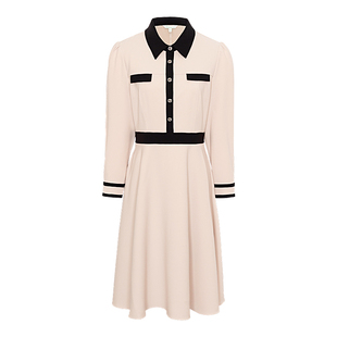 JESSIE气质通勤撞色翻领收腰长袖连衣裙女春装新款优雅裙子