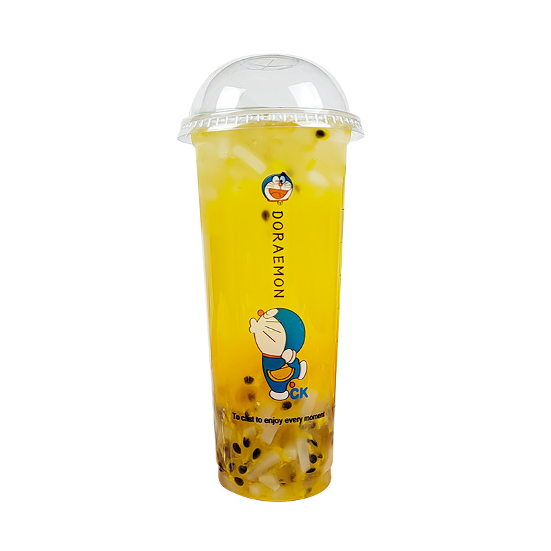 90口哆啦A梦370一次性果汁奶茶塑料杯500只包邮豆浆杯商用可封口