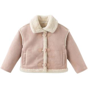 戴维贝拉儿童麂皮绒外套2025女童新款加绒夹克上衣中大童冬装开衫