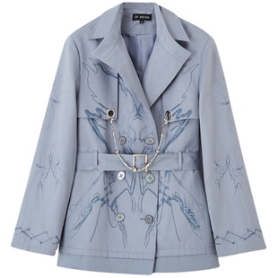 OfAkiva“杜乐丽”假两件风衣外套女秋季挺括印花设计收腰短外套