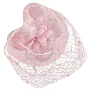 法式千金粉色网纱小礼帽生日宴会氛围感婚纱头饰羽毛面纱优雅头花