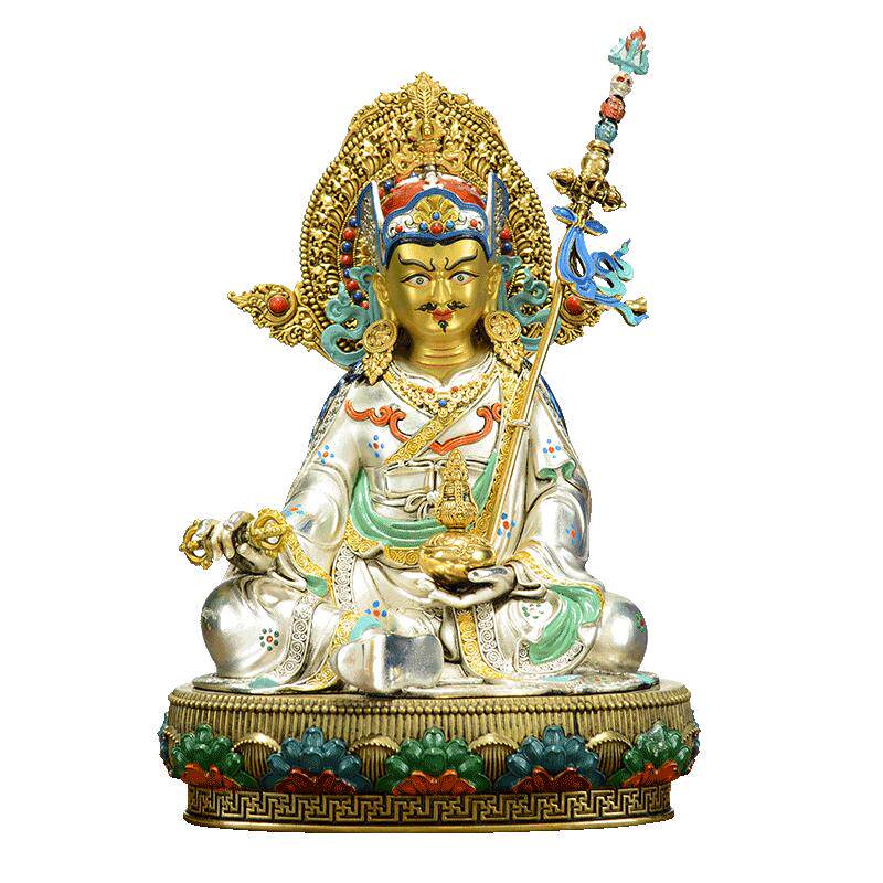 藏老喵《莲花生大士/大师》佛像 藏式客厅铜鎏银彩绘铜像摆件7寸