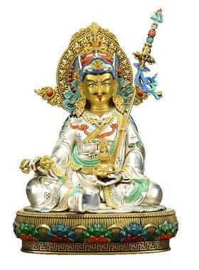 藏式7寸彩绘莲师铜雕像铜器摆件