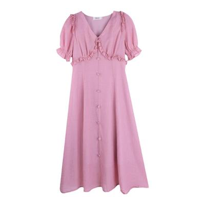 胖mm温柔风气质显瘦粉色连衣裙