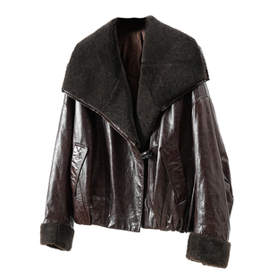 欧洲站2025冬欧货羊毛皮毛一体大毛领羊皮机车鹅绒真皮羽绒服外套