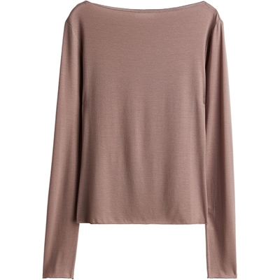 HM女装T恤冬季柔软修身透气舒适一字领修身长袖打底衫上衣1243233