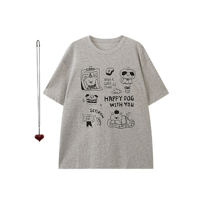 西町村屋趣味铅笔手绘印花T恤2026夏新款短袖上衣含项链CABB10016