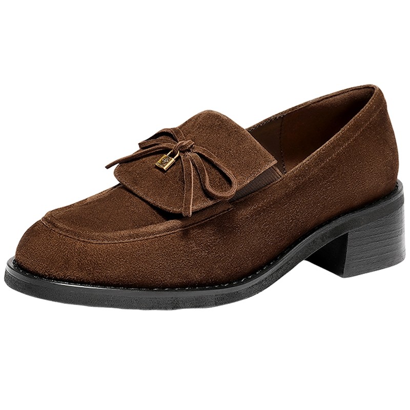 李兰迪同款森达小夜曲英伦风皮鞋增高厚底羊皮绒面真皮黑色乐福鞋