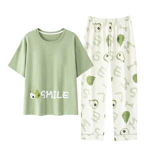 康妮雅睡衣女夏季纯棉2026新款短袖长裤带胸垫一体家居服套装薄款