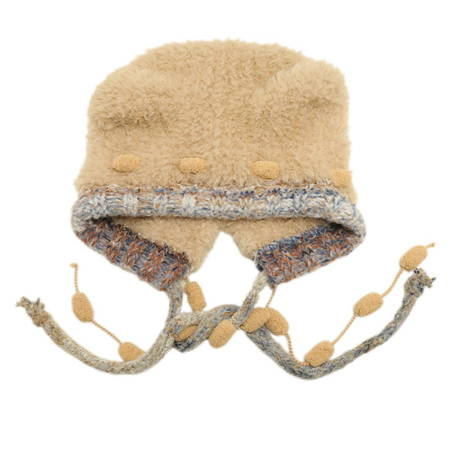 秋冬韩版可爱小熊毛绒针织帽子女彩色绑带护耳帽显脸小雷锋帽