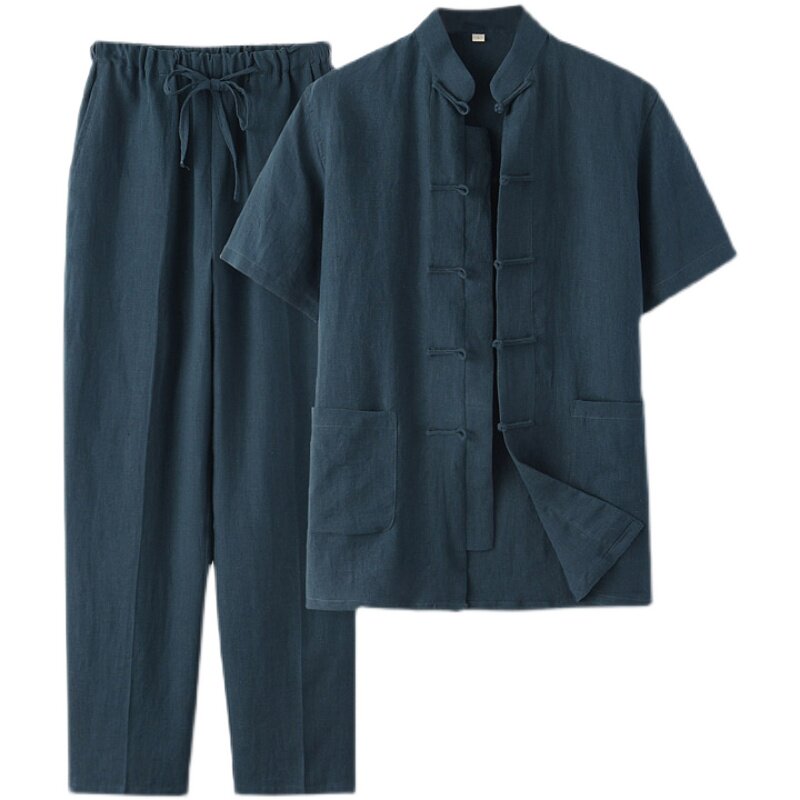 纯亚麻薄款青年复古禅修服唐装