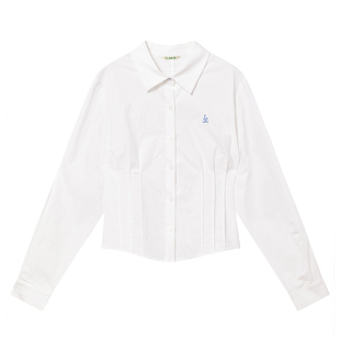 LLANO骨瓷白压褶收腰衬衫100棉复古休闲优雅外搭上衣衬衣女装秋季