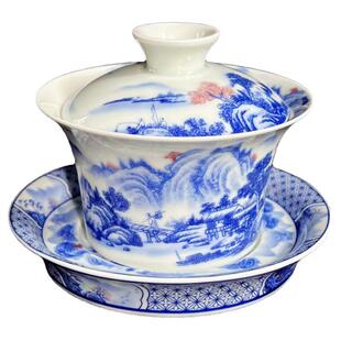 景德镇青花陶瓷山水马蹄平底盖碗中式复古高端三才泡茶杯单个家用