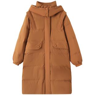 慕兔甜美粉色连帽中长款羽绒服女2025冬新款小个子宽松加厚棉外套