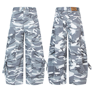 美式迷彩弯刀阔腿工装裤 立体大口袋高街做旧宽松休闲裤男女可穿