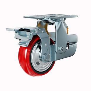 重型弹簧减震脚轮4568寸铁芯聚氨酯耐磨pu轮避震地刹器牵引大门轮