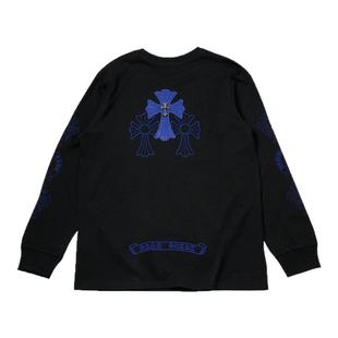 时髦百搭小众妖姬蓝色刺绣镂空贴皮十字架棉打底男女情侣长袖T恤