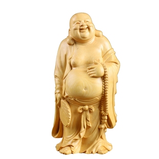 小叶黄杨木雕摆件居家佛像实木雕刻木质工艺把件送礼笑佛拿扇弥勒