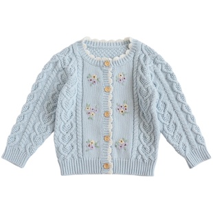 女童钩花针织开衫宝宝纯棉线上衣儿童秋冬装婴幼儿粉红色毛衣外套