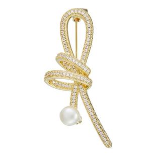 金色珍珠款丝带结胸针小众设计感配大衣毛衣别针高档奢华气质胸花