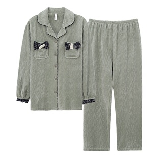 浪莎海岛绒睡衣女士春秋冬季珊瑚绒薄款加绒保暖法兰绒家居服套装