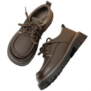 系带加绒小皮鞋女英伦风棕色复古休闲鞋2025秋冬百搭厚底软皮单鞋