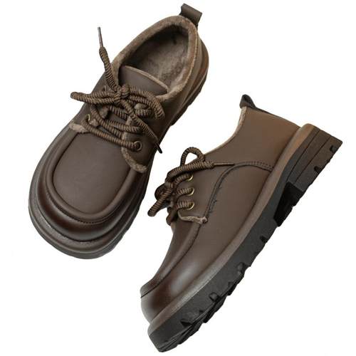 系带加绒小皮鞋女英伦风棕色复古休闲鞋2025秋冬百搭厚底软皮单鞋