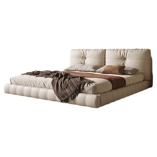 格调宣言云朵奶油风包边真皮悬浮床带灯现代简约主卧侘寂风软包床