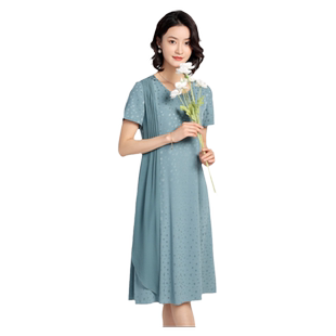 佐尔美优雅气质 提花缎桑蚕丝真丝短袖圆领小碎花连衣裙女E22LS31