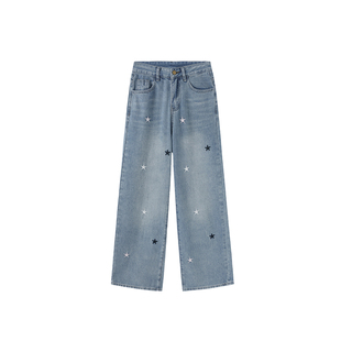 蓝色星星刺绣直筒牛仔裤女秋冬新款胖mm大码高腰显瘦宽松阔腿裤子