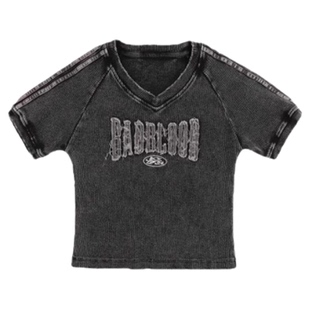 badblood美式复古V领牛仔色上衣洗水做旧辣妹短款修身短袖T恤女夏