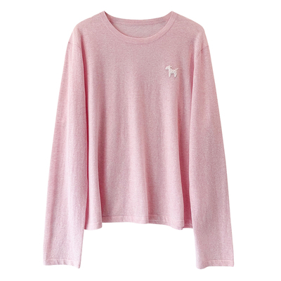 松驰慵懒！减龄樱花粉卡通小狗刺绣亚麻+棉薄款圆领长袖针织衫女