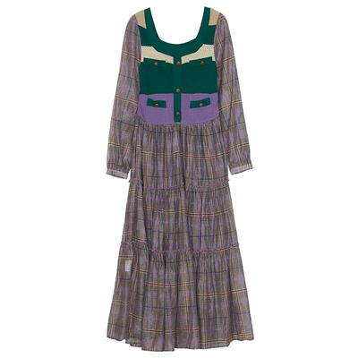 谜底针织拼接连衣裙长袖春回归乡野复古田园风格子长裙241ML0114