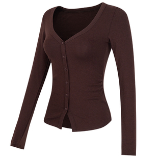 健身女孩绝美瑜伽服长袖v领收腰纽扣开衫普拉提训练运动上衣秋冬