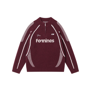 FORNINES半拉链秋冬撞色运动毛衣男女情侣宽松休闲刺绣针织毛线衣