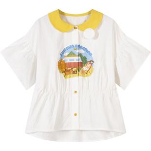 Viciusss女童纯棉短袖宽松衬衫夏季可爱娃娃领卡通印花t恤上衣