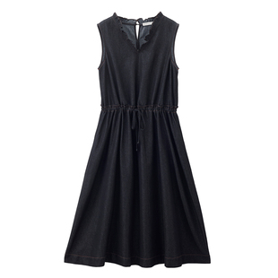 设计师款佐丹奴裙子女荷叶边V领抽绳收腰牛仔背心连衣裙18465224