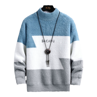 水貂绒毛衣男秋冬季加绒加厚打底衫青少年高中学生保暖冬装上衣服