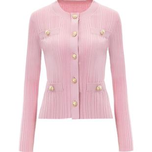 DPLAY2026年春季粉色毛衣女小香风针织衫修身外套内搭打底衫上衣