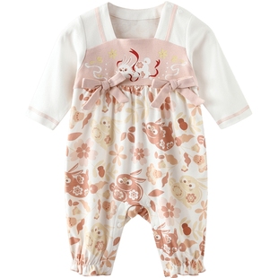 婴儿连体衣纯棉假两件秋装中国风汉服公主周岁礼服一岁女宝宝衣服