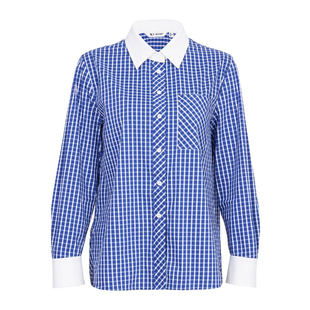 婉甸2026春季新品蓝白格纹拼接领衬衫H型长袖格子衫女1251S12SX2